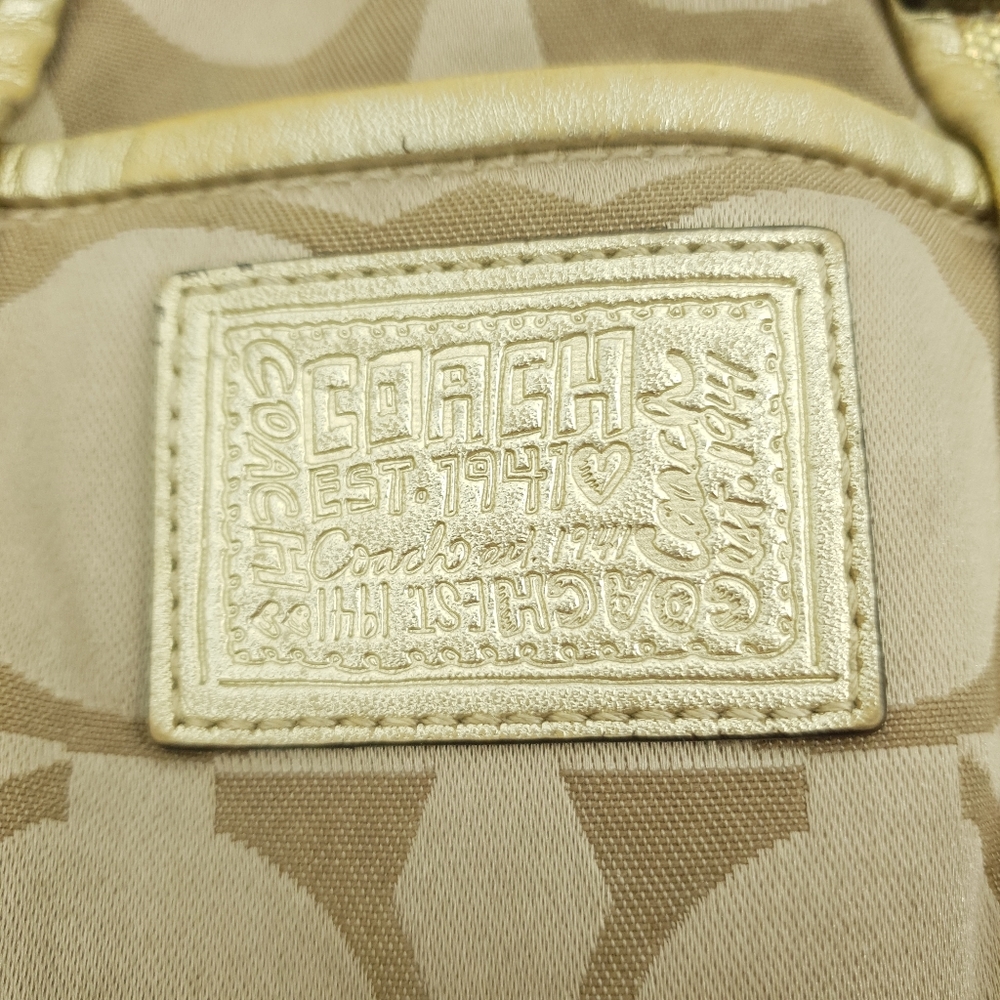 Coach Poppy Applique Purse Shoulder Bag Gold Sparkly Colorful Hearts Pink Inside - Picture 7 of 12